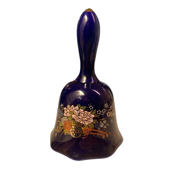 Vintage Porcelain Cobalt Blue Bell w/Gold Trim Floral Motif Garden Design Japan - Picture 2 of 11